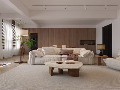 Modern Living And Dining Room Interior With White Sofa Wooden Coffee Table And Area Rug 3d model