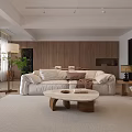 Modern Living And Dining Room Interior With White Sofa Wooden Coffee Table And Area Rug