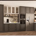 Modern Kitchen Sideboard With Black Cabinets And Marble Countertop In Open Layout With Wine Storage