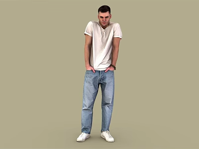 Man In White T Shirt And Blue Jeans With Hands In Pockets On Plain Background 3d model
