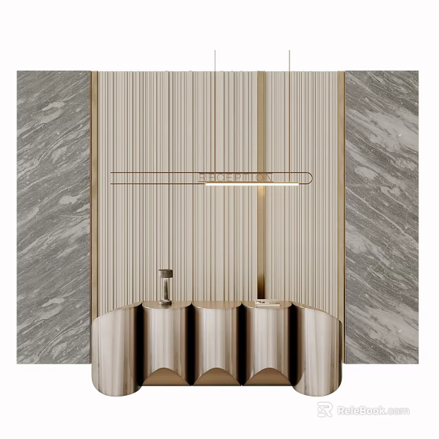 Elegant Modern Front Desk Reception With Hanging Light And Marble Background Wall 3d model