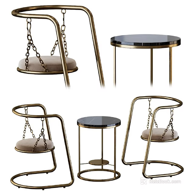 Leisure Swing Chair With Golden Frame Chains And Round Marble Top Side Table 3d model 