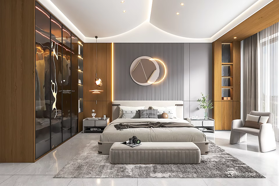Modern Minimalist Bedroom Interior With King Bed Circular Mirror Wooden Wardrobe Gray Rug And Bookshelf 3d model 