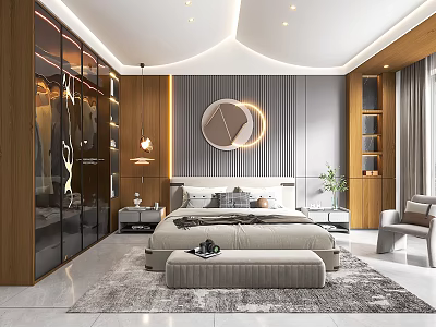 Modern Minimalist Bedroom Interior With King Bed Circular Mirror Wooden Wardrobe Gray Rug And Bookshelf 3d model