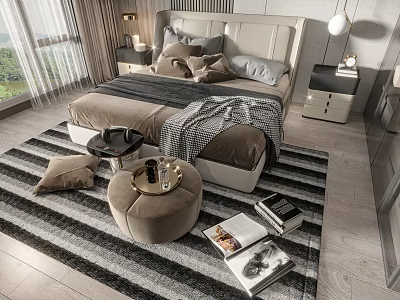 Modern Elegant Double Bed with Upholstered Headboard Pillows Nightstands Lamps Rug Ottoman and Window View 3d model