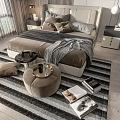 Modern Elegant Double Bed with Upholstered Headboard Pillows Nightstands Lamps Rug Ottoman and Window View