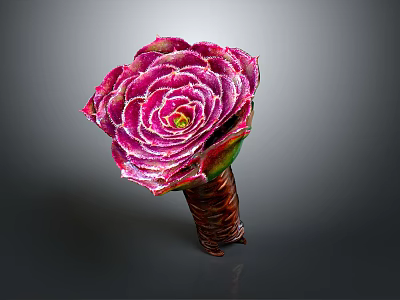 Beautiful Pink Rose Flower With Layered Petals And Brown Stem On Gray Background 3d model