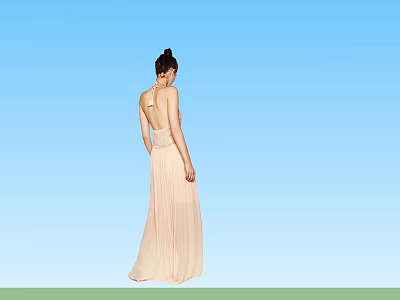 Back View of Woman Wearing Pink Long Dress Against Blue Sky Background 3d model