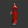 Woman In Red Kimono With Blue Obi And White Patterns On Gray Background