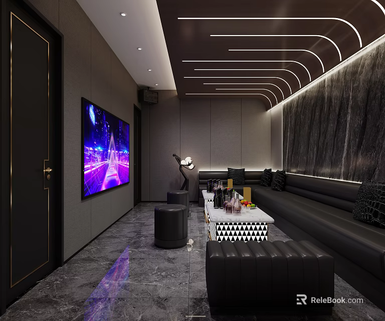 Luxury Entertainment Room Featuring Large Screen TV Curved Ceiling Lights Dark Sofas And Coffee Table 3d model 