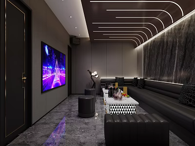 Luxury Entertainment Room Featuring Large Screen TV Curved Ceiling Lights Dark Sofas And Coffee Table 3d model