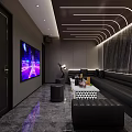 Luxury Entertainment Room Featuring Large Screen TV Curved Ceiling Lights Dark Sofas And Coffee Table 3d model