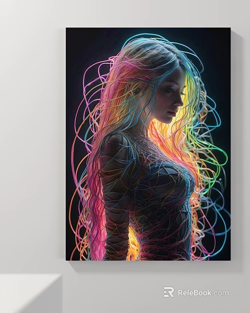 Portrait Painting Of Female Figure With Entwined Neon Colored Lines And Long Vibrant Hair 3d model 