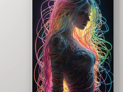 Portrait Painting Of Female Figure With Entwined Neon Colored Lines And Long Vibrant Hair 3d model