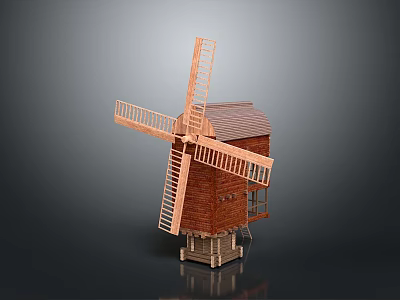 Wooden Windmill Model With Red Brick Walls And Rotating Blades Structure 3d model