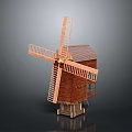 Wooden Windmill Model With Red Brick Walls And Rotating Blades Structure