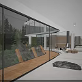 Modern Dining and Living Room Interior With Large Glass Windows And Natural Landscape View