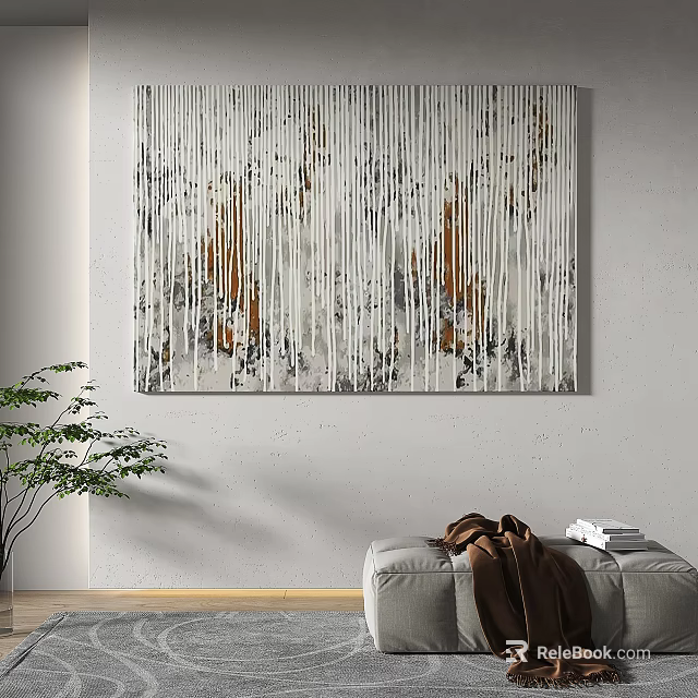 Abstract Wall Painting In Living Room With Gray Sofa And Green Plant 3d model 