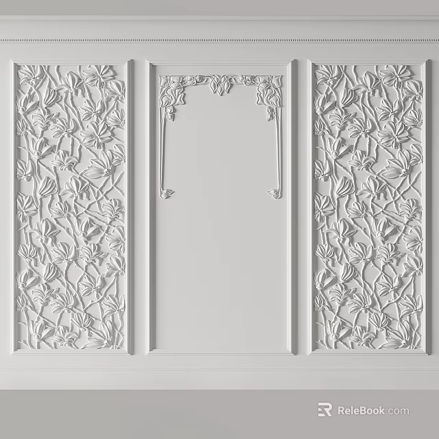 White Wainscoting With Intricate Carved Patterns And Framed Center Design 3d model