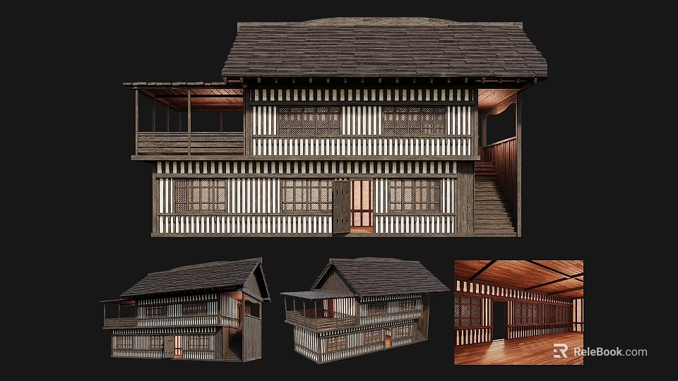 Traditional Ancient Building With Tiled Roof Lattice Windows Wooden Veranda And Interior Wooden Beams Views 3d model 