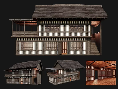 Traditional Ancient Building With Tiled Roof Lattice Windows Wooden Veranda And Interior Wooden Beams Views 3d model