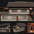 Traditional Ancient Building With Tiled Roof Lattice Windows Wooden Veranda And Interior Wooden Beams Views
