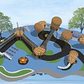 Children's Play Area Featuring Wooden Climbing Structures Slide And Dome Shaped Play Equipment