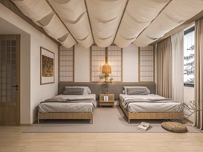 Hotel Guest Room Interior with Twin Beds Canopy Ceiling Japanese Shoji Screens Wooden Flooring 3d model