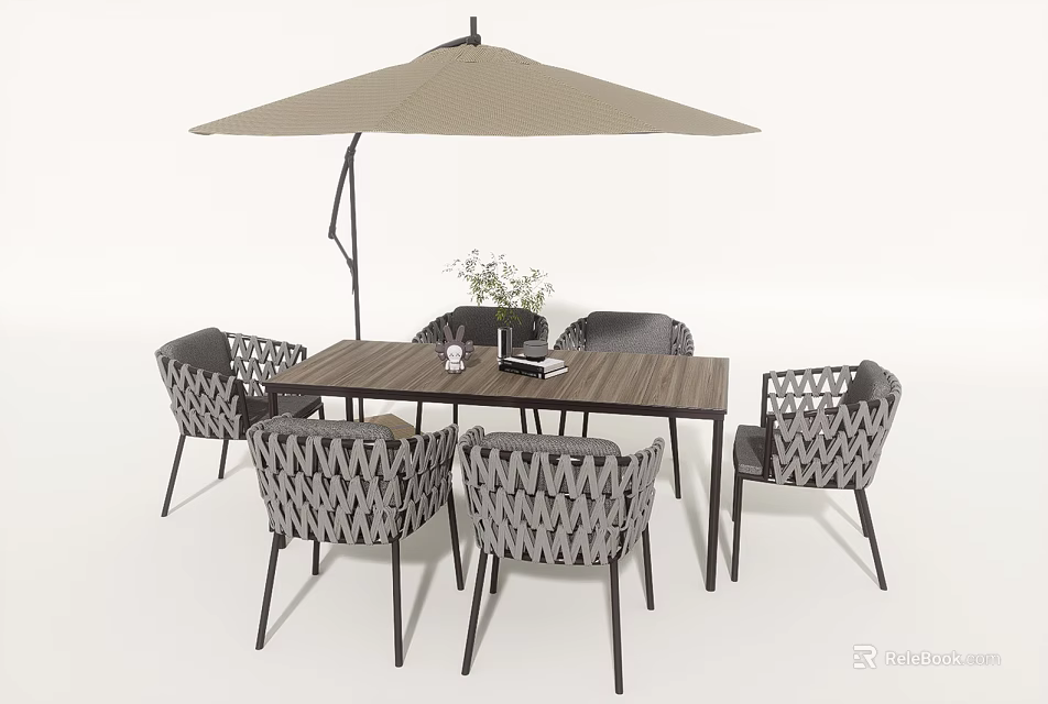 Outdoor Rectangular Table And Chair Set With Woven Design Chairs And Beige Umbrella 3d model 