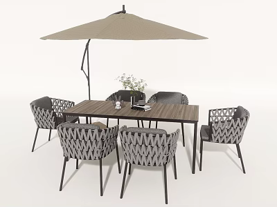 Outdoor Rectangular Table And Chair Set With Woven Design Chairs And Beige Umbrella 3d model