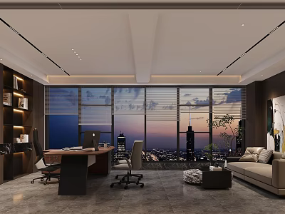 Modern Office Interior With Large Windows City Skyline Wooden Desk Ergonomic Chairs And Sofa Area 3d model