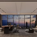 Modern Office Interior With Large Windows City Skyline Wooden Desk Ergonomic Chairs And Sofa Area