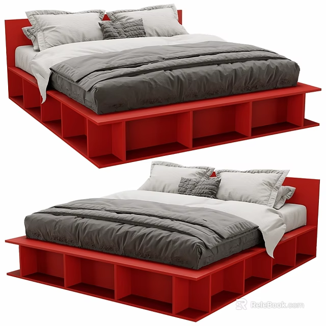 Red Pallet Frame Double Bed With Gray Comforter And White Sheets 3d model 