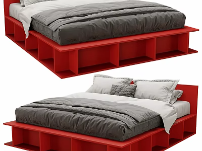 Red Pallet Frame Double Bed With Gray Comforter And White Sheets 3d model