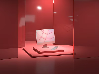 Modern Red Display Shelf with Computer Monitor and Keyboard in Glass Showcase 3d model