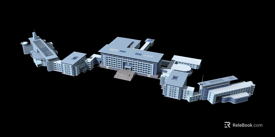 Modern Office Building With Multiple Connected Wings And Large Glass Windows 3d model
