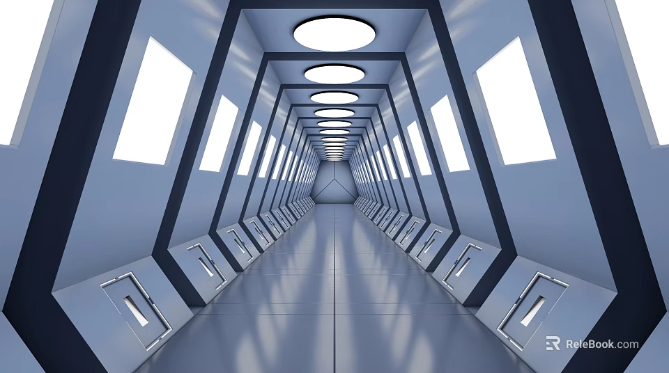 Modern Office Hallway Featuring Light Blue Walls Symmetrical Windows Recessed Ceiling Lights And Shiny Floor 3d model 