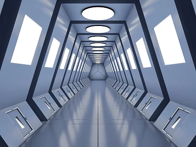 Modern Office Hallway Featuring Light Blue Walls Symmetrical Windows Recessed Ceiling Lights And Shiny Floor 3d model