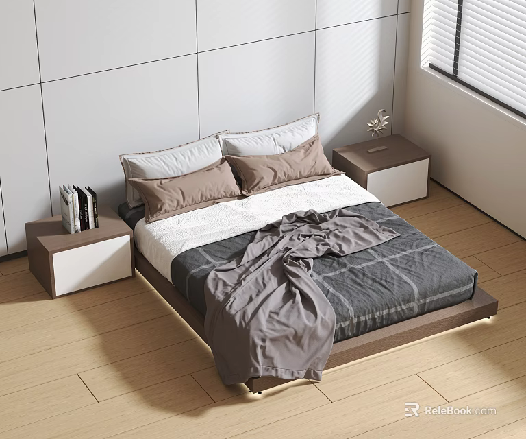 Double Bed in Modern Bedroom Interior with Wooden Floor Bedside Tables and Pillows 3d model 