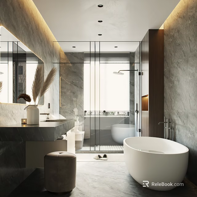 Modern Luxury Bathroom Interior With Freestanding Tub Glass Shower Marble Walls 3d model 