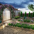 Serene Rooftop Garden Design With Wooden Structure Sofa Dining Table And Hanging Lights