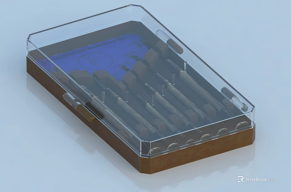 Transparent Plastic Case With Clear Cover Holding Multiple Metal Tools And Blue Screen 3d model 