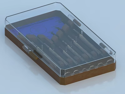 Transparent Plastic Case With Clear Cover Holding Multiple Metal Tools And Blue Screen 3d model