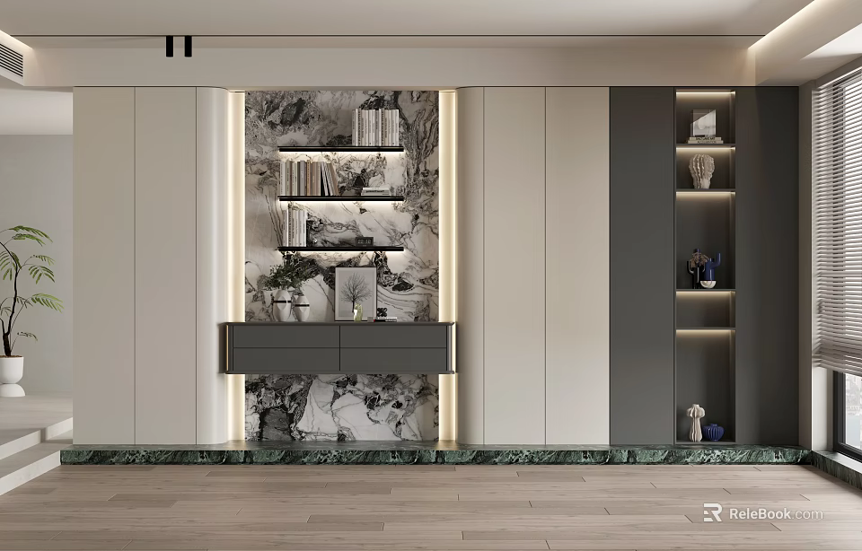 Modern Bookcase Interior Design With Marble Wall Lighting And Decorative Items 3d model 