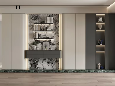 Modern Bookcase Interior Design With Marble Wall Lighting And Decorative Items 3d model