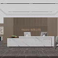 Modern Elegant Marble Reception Desk With Wooden Logo Wall For Bright Corporate Office Reception Space