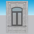 Red Window With Arched Top Marble Frame And Blue Sky On Gray Wall