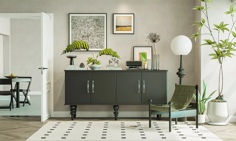 Elegant Clubhouse Interior With Dark Cabinet Decorations Plants Green Chair And Black White Patterned Rug 3d model 