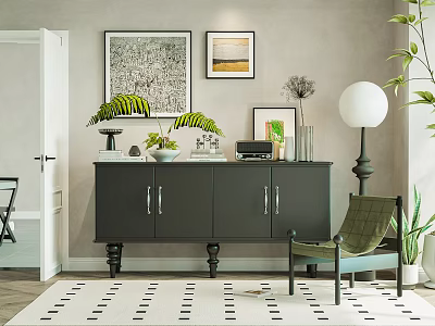 Elegant Clubhouse Interior With Dark Cabinet Decorations Plants Green Chair And Black White Patterned Rug 3d model