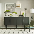 Elegant Clubhouse Interior With Dark Cabinet Decorations Plants Green Chair And Black White Patterned Rug